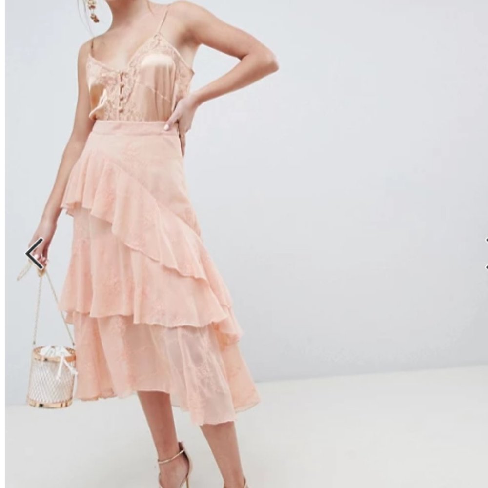Embroidered lace asymmetric ruffle high low skirt